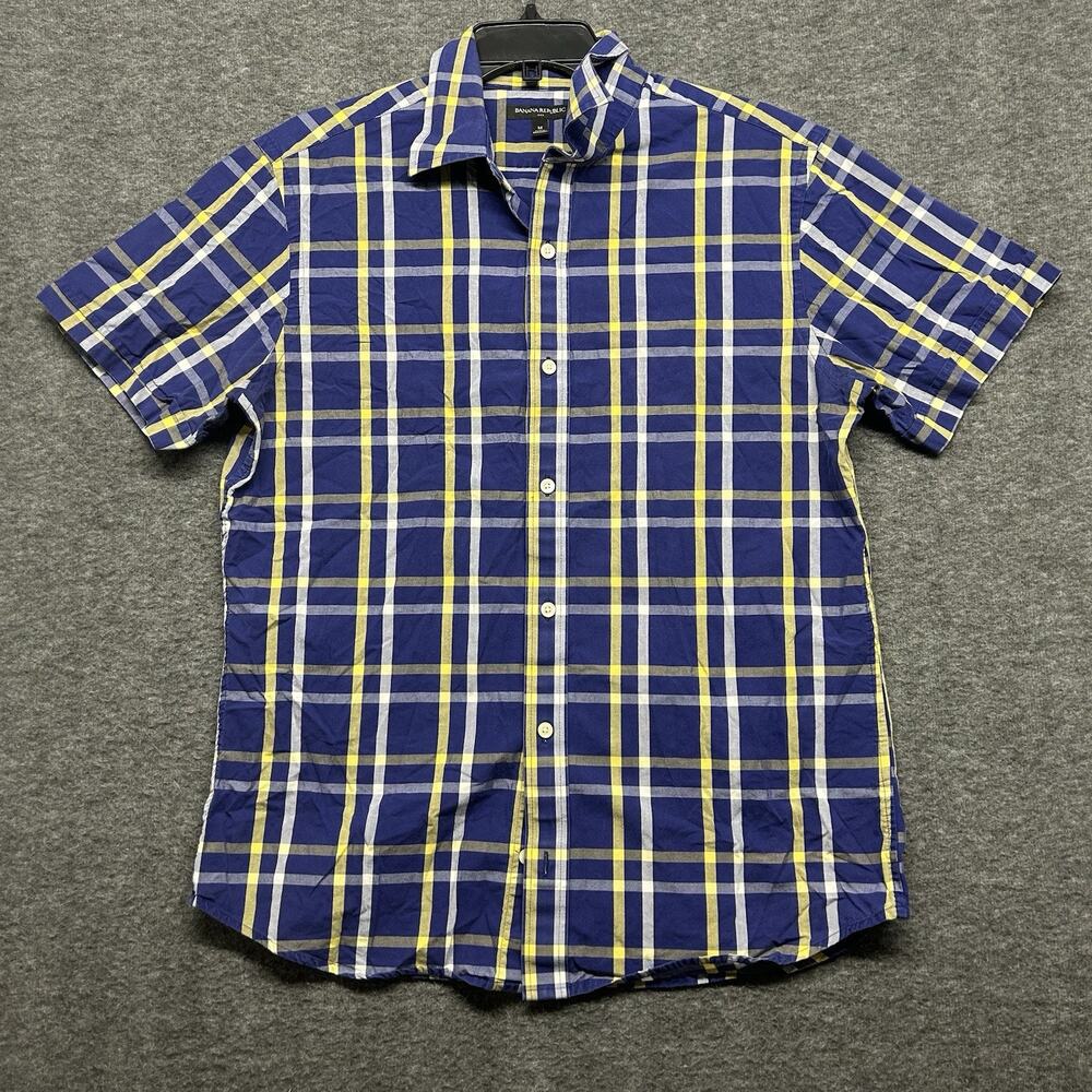 Banana Republic Men Medium Blue Plaid‎ Short Sleeve Button Up Shirt